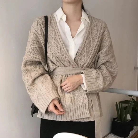 Cardigan belt sweater cable knit khaki womens long sleeve top - Picture 4 of 7